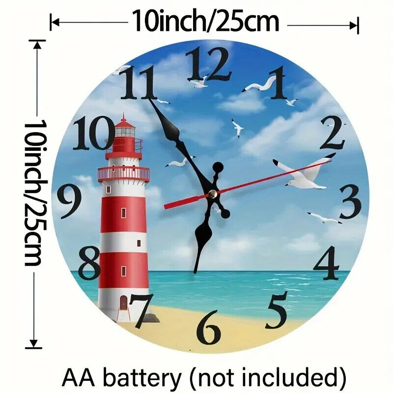 10 Inch Round Scenic Lighthouse & Seagull Silent Easy to Read Wall Clock NEW! Home & Garden:Home Décor:Clocks:Wall Clocks Cozy Home Treasures